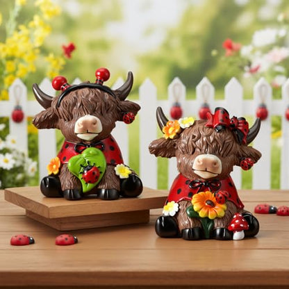 Karenhi 2 Pcs Highland Cow Figurines Resin, Ladybird Tabletop Decor - style: Ladybird