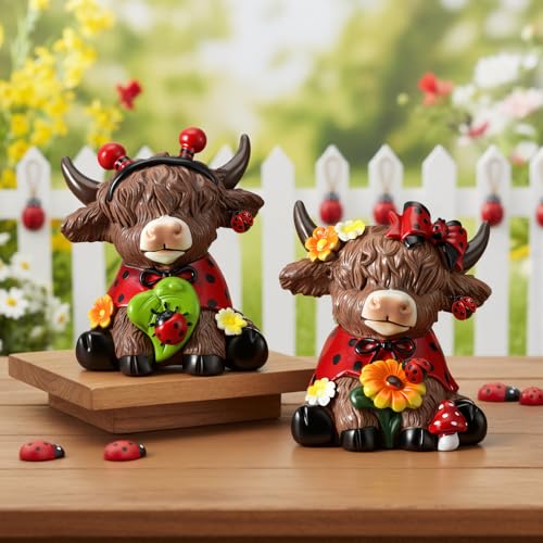Karenhi 2 Pcs Highland Cow Figurines Resin, Ladybird Tabletop Decor - style: Ladybird