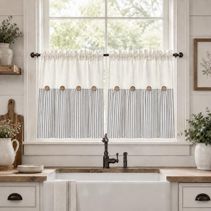 DOSLY IDÉES Spa Waffle and Black Striped Curtains, 26" W x 24" L - color: Beige & Black Striped, size: 26"W x 24"L (Pack of 2)