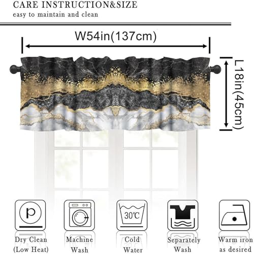 Black Gold Marble Valance Curtain, Abstract Luxury Black Grey White Crack Ink Marble Texture Print Blackout Short Window Treatment for Home Kitchen Bedroom Cafe, 54x18inch - color: Marble-2
