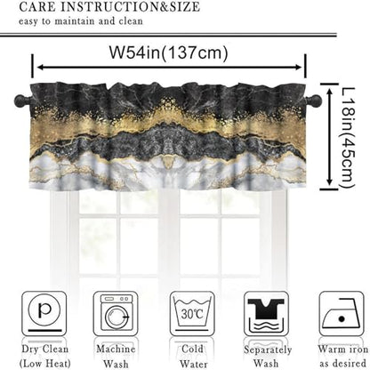Black Gold Marble Valance Curtain, Abstract Luxury Black Grey White Crack Ink Marble Texture Print Blackout Short Window Treatment for Home Kitchen Bedroom Cafe, 54x18inch - color: Marble-2