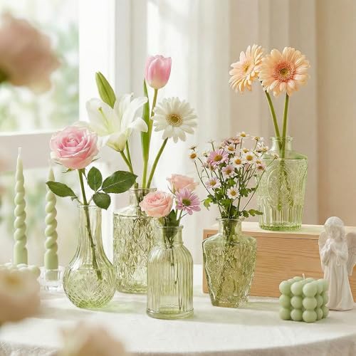 Glass Bud Vases in Bulk Small Mini Green Vase for Flowers 17pc - color: Green