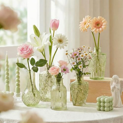 Glass Bud Vases in Bulk Small Mini Green Vase for Flowers 17pc - color: Green