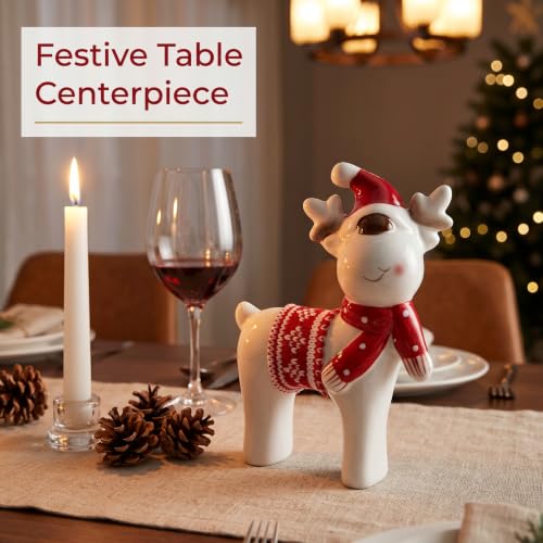 Christmas Decor Reindeer Deer Decor Ceramic Figurine White Glazed Deer Figurine with Santa Hat Scarf Knit Blanket for Tabletop Mantel Shelf Christmas Decorations Indoor