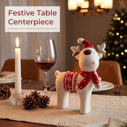 Christmas Decor Reindeer Deer Decor Ceramic Figurine White Glazed Deer Figurine with Santa Hat Scarf Knit Blanket for Tabletop Mantel Shelf Christmas Decorations Indoor