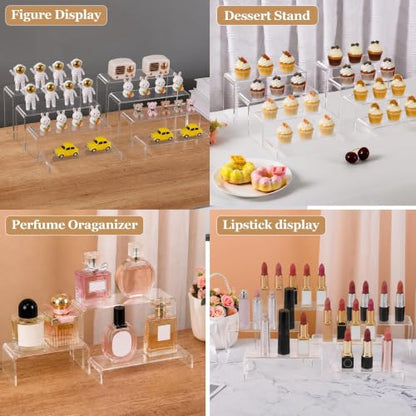 Acrylic Display Risers 8 Pcs 2 Set (7”L~8”L~9”L), Clear Rectangular Display Shelf for Dessert Table & Cupcake, Figures, Perfume, Collectibles, Shoe and More