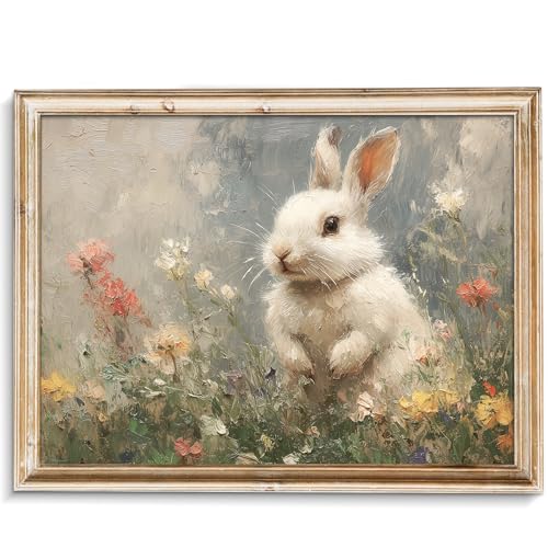 Easter Bunny Vintage Wall Art Classical Rabbit Canvas Oil Painting Poster Elegant Spring Wildflower Meadow Pastel Decor Watercolor Colorful Floral Art Pictures Farmhouse Bathroom Wall Decor - 8x10 Unframed - color: Rabbit 21, size: 10"L x 8"W