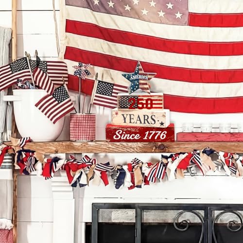 Amyhill 250th Anniversary Decorations Patriotic Wood Block Signs Table Centerpiece 1776-2026 Stars Stripes Tiered Tray Decor for 4th of July Independence Day Home Kitchen Office - style: American Star