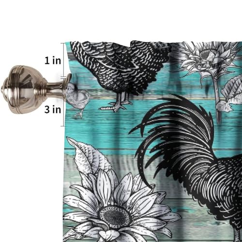 Rustic Farmhouse Chicken Valance Curtains, Retro Rooster Teal Blue Old Barn Door Farm Sunflower Small Short Window Curtain for Kitchen Dining Room Living Room, 54x18Inch - color: Chicken-8