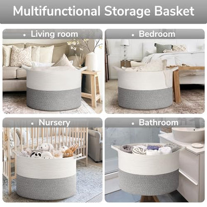 Goodpick Extra Large Woven Blanket Basket Living Room, Toy Bin,115L - color: Light Grey, size: 23.5x23.5x15.8 Inch (Pack of 1)