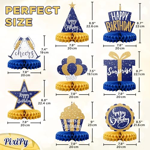 Happy Birthday Table Decoration Centerpieces - 8 Pieces, Blue & Gold - Double-Sided Happy Birthday Centerpieces for Tables - Party Supplies for Elegant Birthday Decorations - by PixiPy - style: Blue & Gold (Pack of 8)