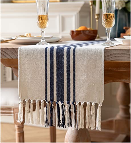 Boho Table Runner for Modern Farmhouse Decor, Dining Table décor 13 x 60 Inch Long, Coffee Table Runner with Handcrafted Tassels, Navy and Beige, for Home Bohemian Decoration - color: Navy Blue Beige, size: 13x60Inch