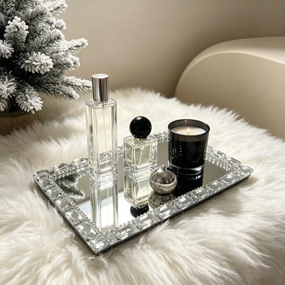 Crystal Mirror Perfume Tray, 11.8" x 7.9" Rectangle Glass Trays - color: Silver C