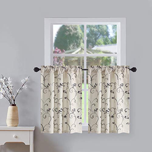 VOGOL Gray Vine Embroidered Tier Curtains, 30 x 36 Inches, 2 Panels - color: Grey, size: 30"W x 36"L (Pack of 2)