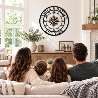Personalized Wall Clock, Custom Family Name Metal Clock, Compass Wall Decor - color: Design9