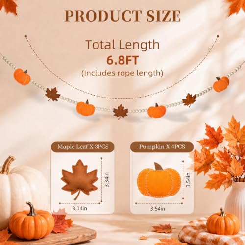 6.8 FT Fall Pumpkin Garland with Maple Leaves and Wood Beads, Autumn Decor - color: Pumpkin