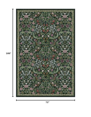 Lahome Dark Botanical Floral Rug, 6x9 Green Washable Rug for Living Room - color: Green, size: 6' x 9'