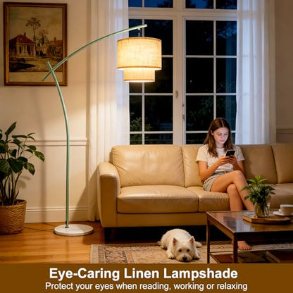 Lightdot Arc Floor Lamp, Modern Standing Lamps with Double Linen Lampshade - color: Fabric-Green