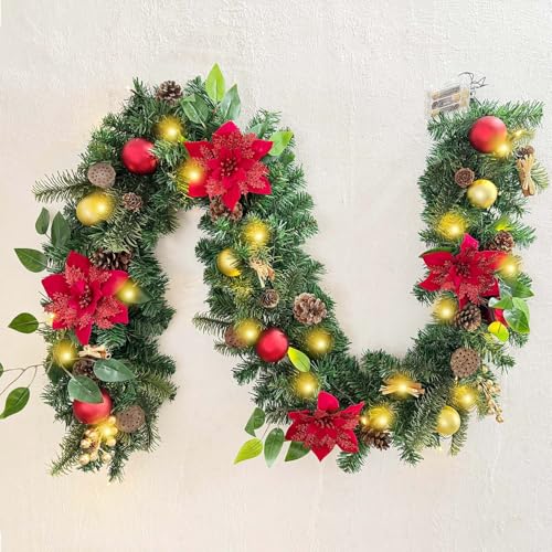 WANNA-CUL Pre-Lit 6ft Red Gold Christmas Garland with 30 LED Timer Lights - color: 03-red Gold