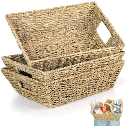 Set of 3 Snack Baskets, Seagrass Basket, Wicker Snack Basket Organizer - color: Natural Color
