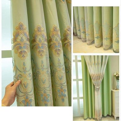 Amidoudou European Curtains with Attached Valance, 1 Pair Double Layer Window Drapes for Living Room & Bedroom, Green, 51x90 Inch - color: Green, size: 51"W x 90"L (Pack of 2)