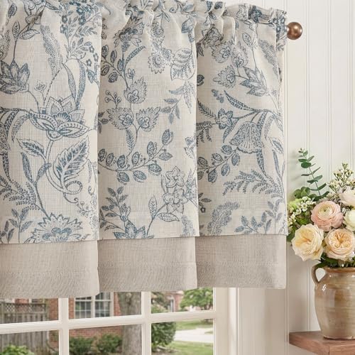 jinchan Linen Valance Curtain Farmhouse Floral Printed Small Window Curtain for Kitchen Rustic Country Light Filtering Valance for Living Room Bedroom Bathroom 18 Inch Rod Pocket 1 Panel Blue on Beige - color: Forest | Blue, size: 50"W x 18"L (Pack of 1)