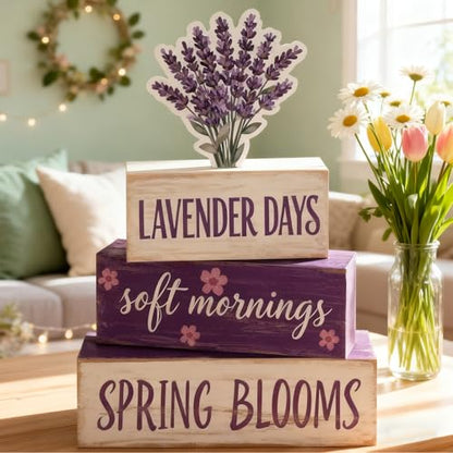 Spring Decoration Wooden Tiered Tray Decor – Rustic Lavender Days Stacked Block Sign with Lavender Flower Topper – Farmhouse Tabletop Spring Decor for Living Room Shelf Kitchen Coffee Bar Seasonal Home Display - style: Lavender