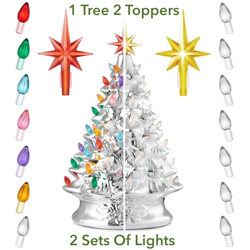 Casafield Hand Painted Ceramic Christmas Tree, Silver 15-Inch Pre-Lit Tree with 128 Multi Color Lights and 2 Star Toppers - color: Silver
