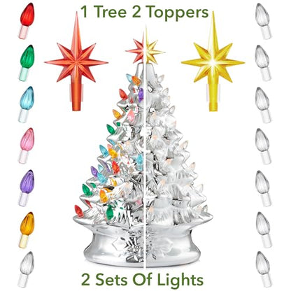 Casafield Hand Painted Ceramic Christmas Tree, Silver 15-Inch Pre-Lit Tree with 128 Multi Color Lights and 2 Star Toppers - color: Silver