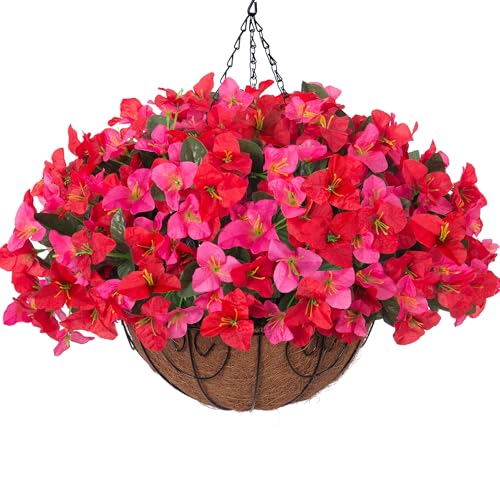HyeFlora Artificial Fake Hanging Flower Plants Basket for Outdoors Fall Decoration, Faux Bougainvillea Flowers in Planter Look Real UV Resistant Silk Flower for Outside Porch Patio Garden Home Decor - color: Hotpinkred