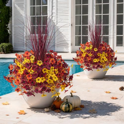 Ivydale Artificial Mums Flowers for Outdoors 12 Pcs + Burgundy Grass - color: Orange Yellow Brownish-red