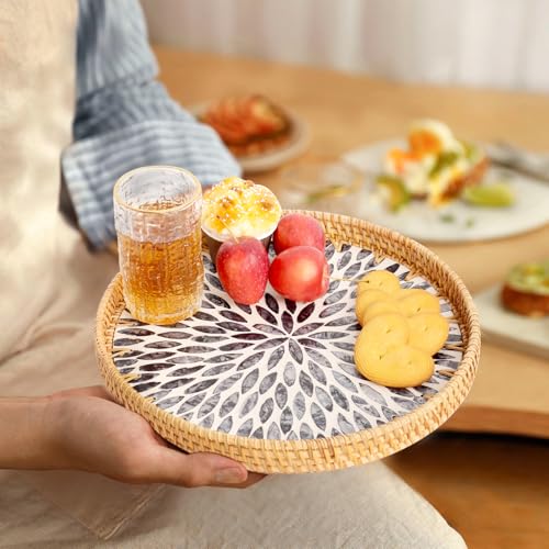 Round Rattan Tray with Mother of Pearl Inlay, Rattan Serving Tray for Coffee, Bread, Fruits, Decorative Wicker Tray for Table Decor, Home Decor, Kitchen Island Decor (Black Leaf, 11.8")