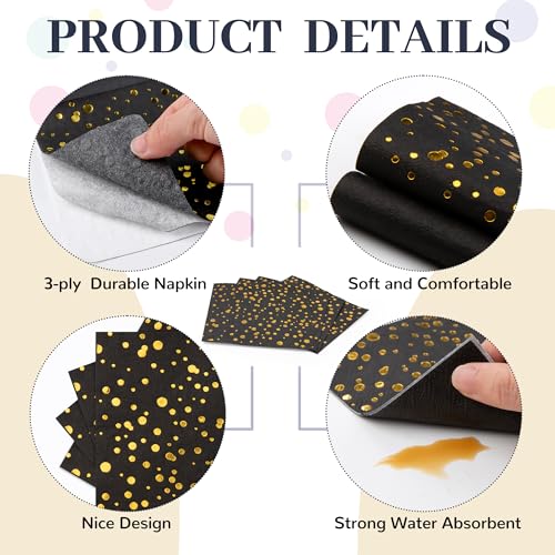 80 Pack of Black Paper Cocktail Napkins with Gold Foil Polka Dot Confetti，Polka Dot Party Supplies(5 x 5 in，3-ply) (Gold Black Pot) - style: Small Black Gold Dot