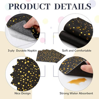 80 Pack of Black Paper Cocktail Napkins with Gold Foil Polka Dot Confetti，Polka Dot Party Supplies(5 x 5 in，3-ply) (Gold Black Pot) - style: Small Black Gold Dot