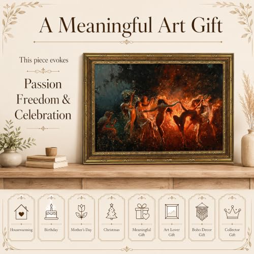 Vintage Gold Frame Fire Dance Wall Art, Gothic Canvas Painting Print for Dark Academia Decor, Moody Fantasy Ritual Picture for Living Room Bedroom Aesthetic, Occult Witchy Home Office Art 9x11 In - color: fire dance, size: 11"L x 9"W