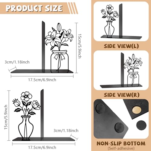 Metal Bookends Flower Vase Book Ends for Shelves - color: Black - 1 Pair Flower Vase