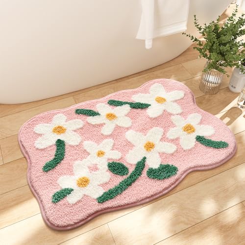 Absorbent Bath Rugs Mat - Extra Thick Bathroom Rug, Non-Slip Soft Plush Mat for Bathroom and Bedroom, Machine Washable, White Flowers, 16" x 24" (40 x 60 cm) - color: White Flowers, size: 1'4" x 2' (Rectangular)