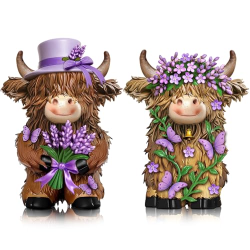 2 Pcs Resin Highland Cow Figurine Decor, Purple Lavender Theme - style: Lavender