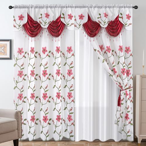 Petrichor Embroidered Sheer Curtain 2 Panels Set - Luxury Window Curtain Attached Valance with Satin Backing and 2 Tie Backs for Living Room,Dining Room, 54x84 inches, Burgundy - color: Burgundy, size: 54"W x 84"L (Pack of 1)