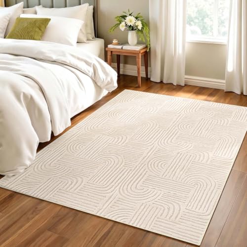 Etwel 4x6 Beige Modern Geometric Textured High-Low Pile Washable Area Rug - color: Neutral Beige, size: 4' x 6'