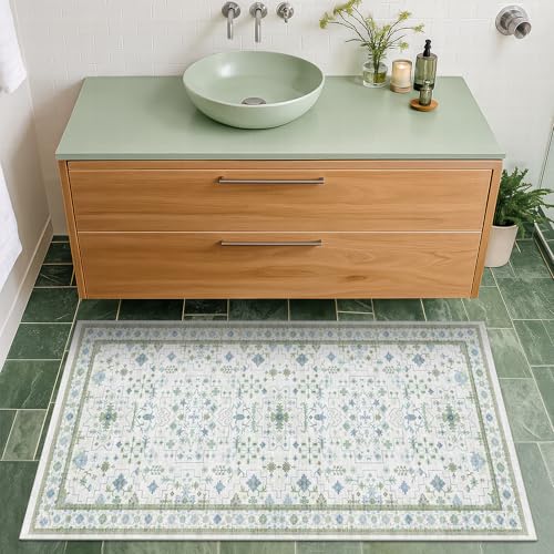 Cream Green and Blue 2x4 Boho Bathroom Rug - Oushak Floral Pastel, Washable Low Pile Non Slip with Rubber Backing Stain Resistant Entryway Rugs Indoor, Small Carpet for Kitchen, Bedroom, Laundry Room - color: Cream Green, size: 2' x 4' (Rectangular)