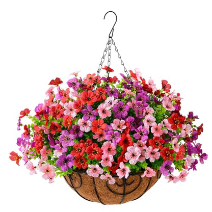 Artificial Hanging Flowers Basket for Outdoor, UV Resistant Plants Daisy - color: Purple Red Pink