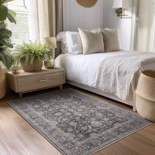 Washable 4x6 Rug, Distress Non-Slip Area Rugs, Charcoal Gray - color: Charcoal Gray, size: 4' x 6' (Rectangular)