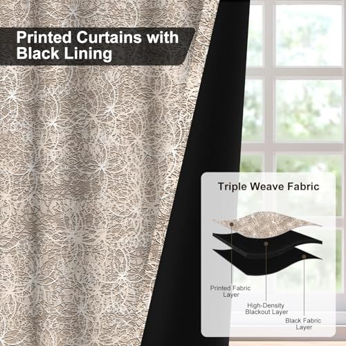 Abstract Floral Patterned Blackout Curtains for Bedroom and Living Room, Farmhouse Summer Thermal Insulated Curtains 84 Inch Length 2 Panels Set, Room Darkening Soundproof Curtains with Two Tiebacks - color: Beige Line Floral