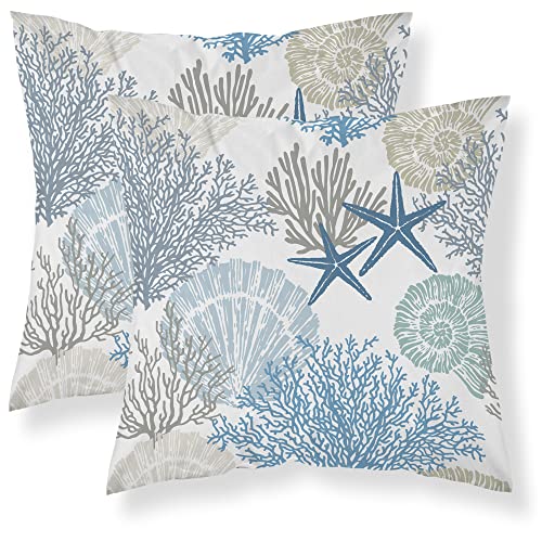 Summer Coastal Throw Pillow Covers 18x18 Inch Outdoor Decorative, Nautical Beach Ocean Themed Throw Pillows Blue Starfish Coral Pillowcase Farmhouse Square Cushion Cover for Home Couch Bed, Set of 2 - color: Starfish and Coral, size: 18" x 18" (Pack of 2)