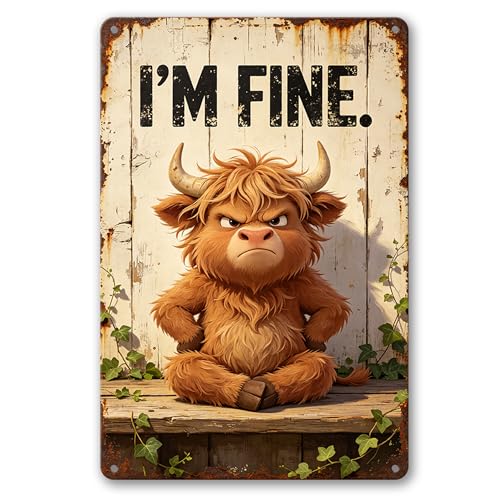 Grumpy Highland Cow with I'M FINE Funny Slogan Vintage Wall Art,Premium Solid Aluminum Metal Sign, Rustic Farmhouse Decor for Bathroom Bar Home, Multipurpose Novelty Wall Plaque Gift 8x12 Inch - color: M2030-Cow1-2