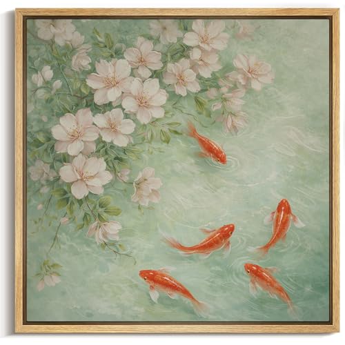 MUDECOR Framed Canvas Print Wall Art Pastel Green Koi Fish & Cherry Blossom Feng Shui Floral Illustrations Modern Art Group Colorful for Living Room, Bedroom, Office - 16"x16" NATURAL - color: B09-2604-M29, size: 16"L x 16"W
