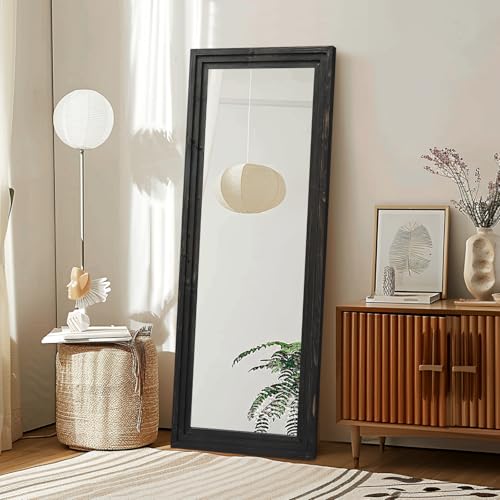 58x22in Full Length Mirror, 3-Tier Stepped Solid Wood Frame, Black - color: Black, size: 58"L x 22"W