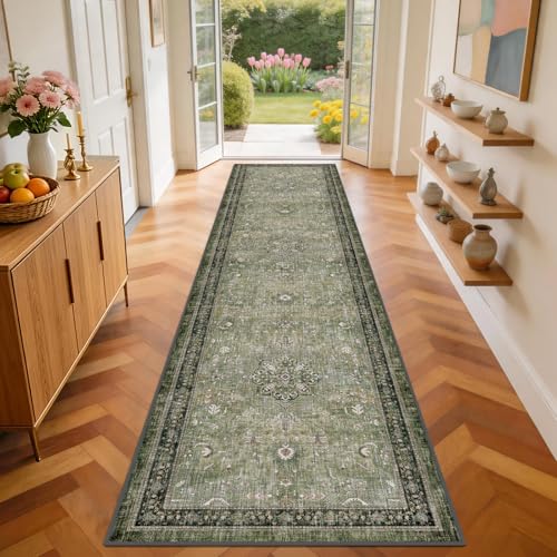 nesrt Vintage Geometric Washable Hallway Runner Rug 2x10 Ft, Dark Green Boho Thin Non-Slip Long Kitchen Carpet, Soft Indoor Stair Rug for Entryway Bathroom Farmhouse Floor Decor - color: Vintage-green, size: 2' x 10' (Rectangular)