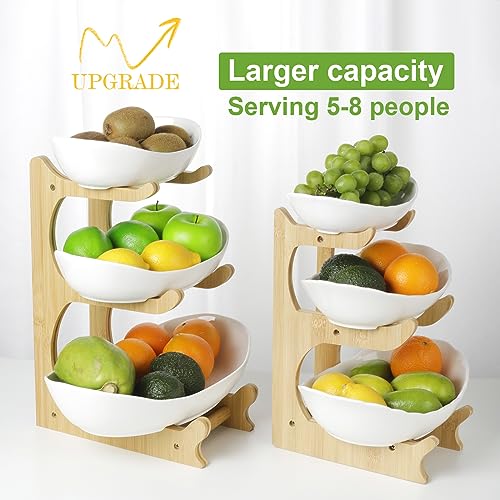 SEVEN SPARTA 3 Tier Fruit Bowl for Kitchen Counter (PLUS edition) / Ceramic Serving Bowls with Bamboo Stand/Big Size Tiered Fruit Basket for Fruit Vegetable Storage, Dessert, Salad Buffet Server - style: PLUS edition